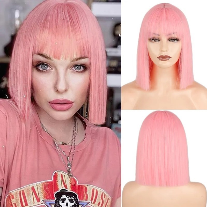 Wig Fiber Net - Peluca recta para mujer con flequillo,